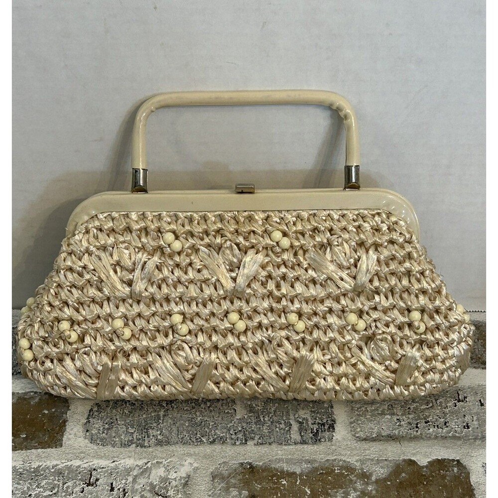 Vintage Crochet Raffia Beaded Floral Retro Purse Handbag With Plastic Handle - Picture 2 of 5